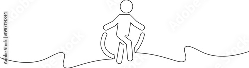 A minimalist line drawing of a person riding a dollar sign wave