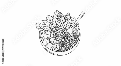 A black and white line drawing of a healthy bowl of food with greens and grains