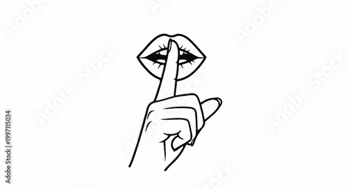 A black and white line drawing of a mouth with a finger pressed to the lips