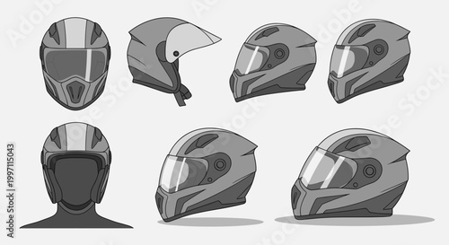 A set of motorcycle helmets in various views and angles for design and safety purposes