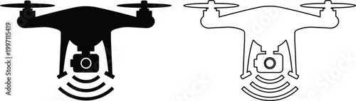 Drone icon set collection group, quadcopter UAV silhouette outline vector pack, aerial camera technology flying device symbol, flat and line style black icons isolated on transparent background