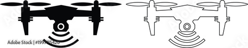 Drone icon set collection group, quadcopter UAV silhouette outline vector pack, aerial camera technology flying device symbol, flat and line style black icons isolated on transparent background