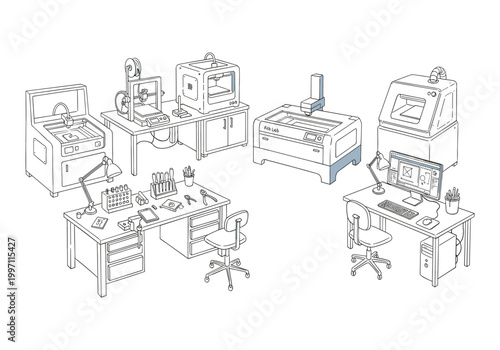Illustration of a modern fabrication laboratory with 3D printers and laser cutters
