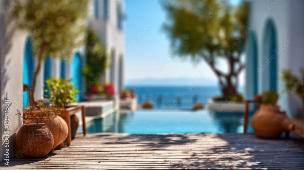 Fototapeta premium Blurred balcony view in Greece hotel with sea and summer light