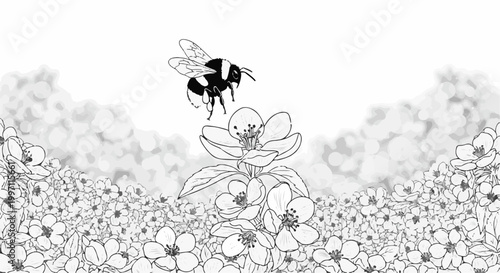 A bee hovers above a blooming flower surrounded by a field of blossoms