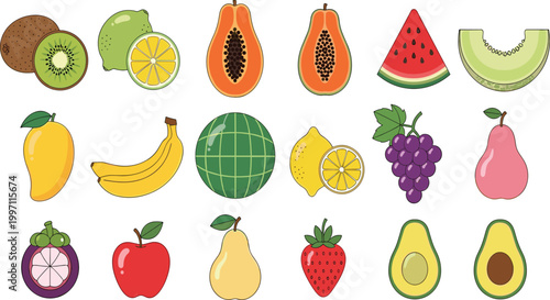 Fresh Tropical Fruit Illustration Set Featuring Papaya, Mango, Banana, Watermelon, Kiwi, Grapes and Avocado with Colorful Healthy Food Elements for Design.