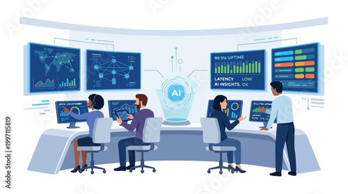 Telecom Network Operations Center Team Monitoring Data Analytics with Artificial Intelligence Technology for Uptime and Low Latency