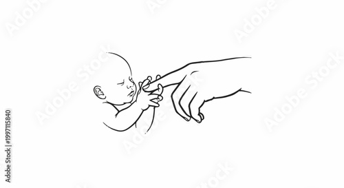 A baby's hand grasps a finger of a large hand, symbolizing connection