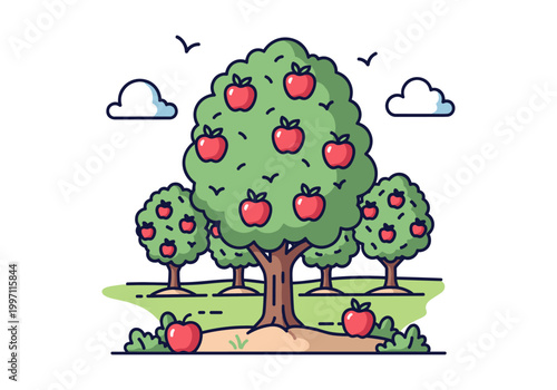 Illustration of a vibrant apple orchard with ripe red apples on trees