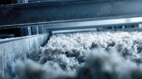 Metal shelves and structures are covered in a thick layer of frost and ice crystals, creating a cold storage environment within an industrial facility