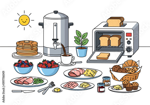 A delicious and healthy breakfast spread with pancakes, berries, toast, and coffee