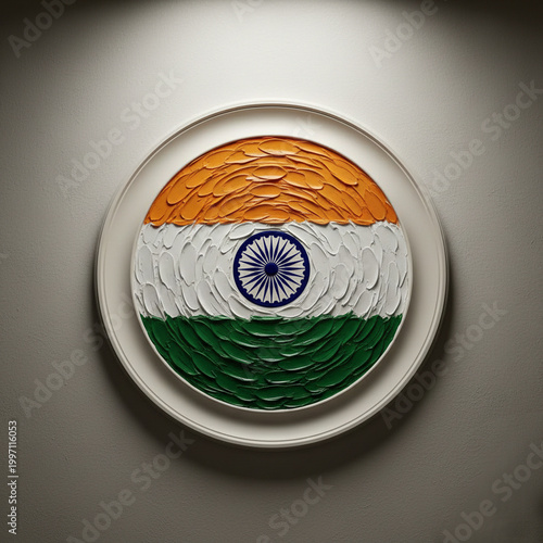 An artistic depiction of the Indian Tricolor rendered in a circular, heavy-textured impasto style. The painting features bold, thick strokes of saffron, white, and green, with a detailed Ashoka Chakra