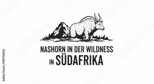 A black and white illustration depicts a rhino amidst trees and mountains, with German text below