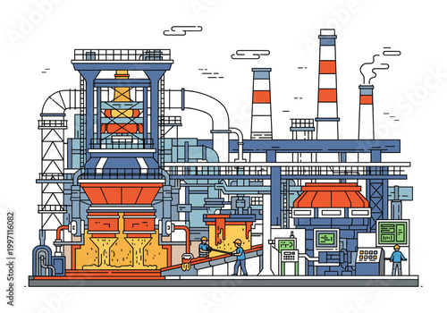 Industrial factory with smokestacks and workers, modern manufacturing plant illustration