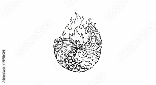 A black and white graphic representing the four elements fire, water, earth, and air