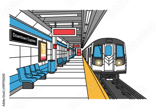 Modern subway station platform with an approaching train and seating