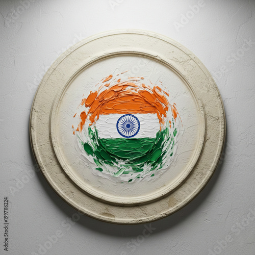 An artistic depiction of the Indian Tricolor rendered in a circular, heavy-textured impasto style. The painting features bold, thick strokes of saffron, white and green, with a detailed Ashoka Chakra.