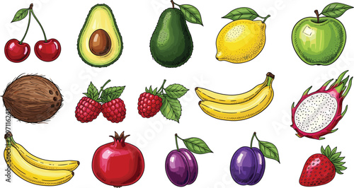 Hand Drawn Fruit Illustration Set Featuring Banana, Avocado, Lemon, Apple, Strawberry, Cherry and Tropical Organic Food Elements for Healthy Lifestyle Design.
