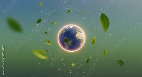 Glowing earth globe with floating green leaves in space for environmental health and global sustainability awareness art illustration
