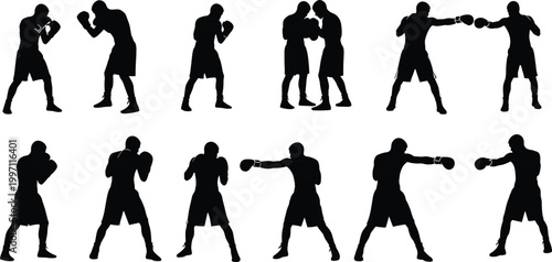 Boxer silhouettes in multiple fighting stances showing punching guarding sparring and training movements for sports illustration design