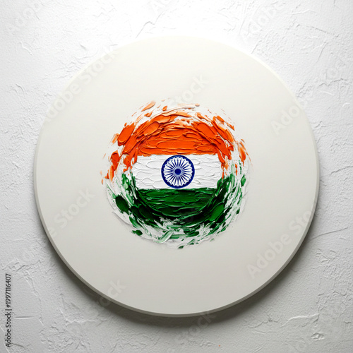 An artistic depiction of the Indian Tricolor rendered in a circular, light-textured impasto style. The painting features light strokes of triclour with a detailed Ashoka Chakra.