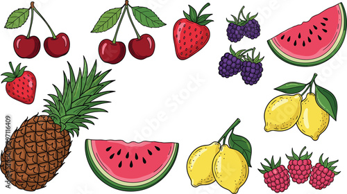 Hand Drawn Tropical Fruit Illustration Set Featuring Pineapple, Watermelon, Cherry, Strawberry, Lemon and Berry Elements for Fresh Summer Food Design.