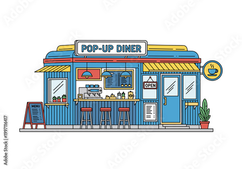 Charming pop-up diner with outdoor seating and coffee shop ambiance