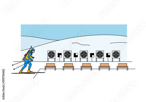 Biathlete skiing towards shooting range with targets and benches on a snowy day