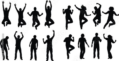 Dynamic human silhouettes in jumping dancing and standing poses representing energy joy activity movement and expressive body illustration design
