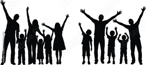 Family and children silhouettes standing together with raised arms representing unity joy celebration and community bonding illustration design