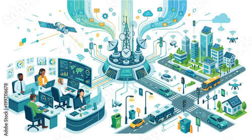 Smart City Network Infrastructure Illustration with Telecom Tower and Data Workers Monitoring Systems for Future Technology Concepts