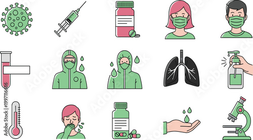 Healthcare and Virus Protection Icon Set Featuring Vaccine, Mask, Sanitizer, Medical Tools, Symptoms and Prevention Elements for Public Health and Safety Design.