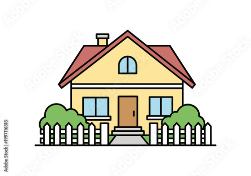 Charming yellow house with red roof and white picket fence, surrounded by green bushes