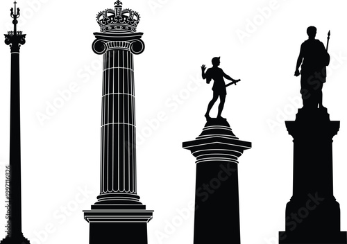 Historic monumental columns and statues silhouettes featuring royal crown trident finial and heroic figures holding weapons for architecture design