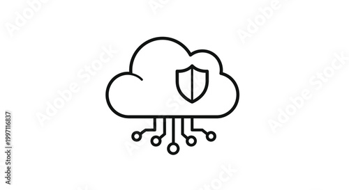 Cloud Security Icon: Shield on Cloud with Circuit Board Connections