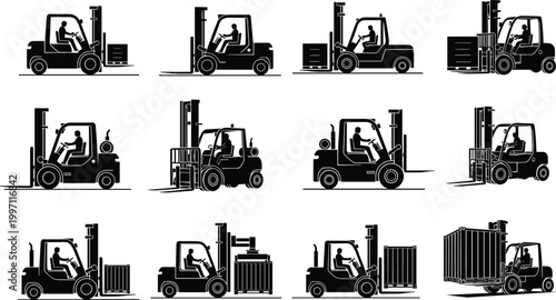 Forklift silhouettes in various warehouse operations lifting pallets carrying loads and transporting cargo representing logistics industrial equipment illustration