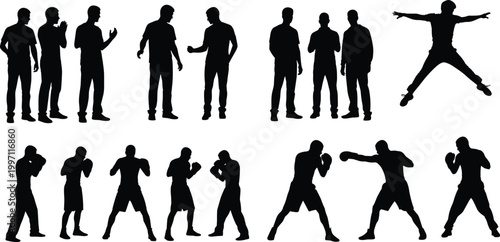 Human silhouettes in standing boxing and jumping poses showing casual gestures dynamic movements and athletic sports training illustration design