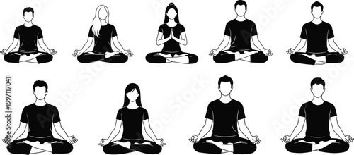 Meditation yoga silhouettes of people sitting cross legged practicing mindfulness calmness balance and spiritual wellness illustration design