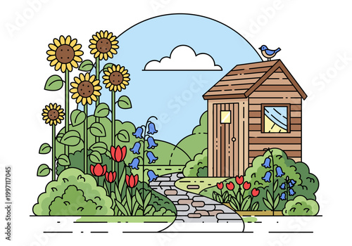 Charming garden scene with sunflowers, tulips, bluebells, and a wooden shed