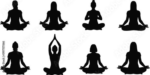Meditation yoga silhouettes of people sitting cross legged practicing mindfulness relaxation harmony balance and spiritual wellness illustration design