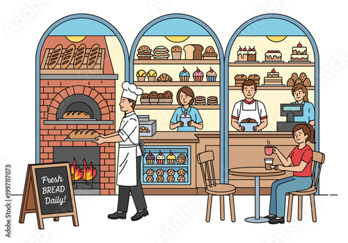 Baker serving fresh bread from a brick oven in a bustling bakery with customers