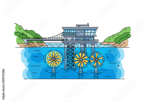 Modern tidal power station with turbines generating clean energy from ocean currents