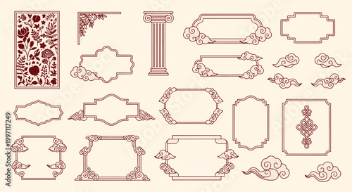 Collection of vintage decorative frames and oriental border elements with floral patterns and classical architectural columns for elegant graphic design vector illustration