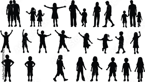 Silhouettes of children and adults in various playful interactive poses standing walking holding hands raising arms on white background