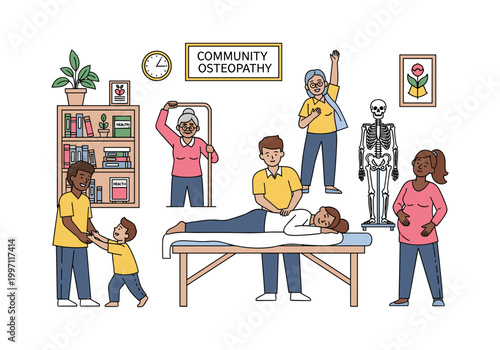 Community osteopathy clinic showing diverse patients receiving care and treatment
