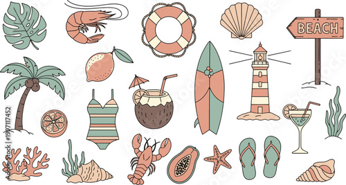 Tropical Summer Beach Elements Collection Featuring Lighthouse Surfboard Coconut Cocktail Sea Shells Palm Tree And Marine Life Flat Design Vector Illustration
