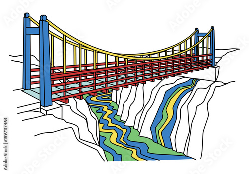 Colorful suspension bridge spanning a deep canyon with a vibrant river below