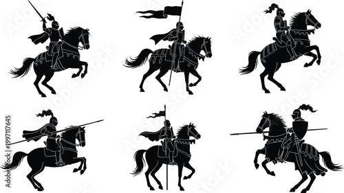 Silhouettes of medieval knights riding horses carrying lances and banners in dynamic poses representing jousting cavalry and chivalry tradition