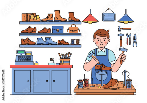 Shoemaker working on footwear repair in a charming, stylized workshop setting