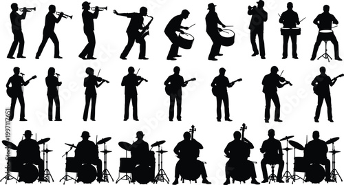 Silhouettes of diverse musicians playing instruments including trumpet saxophone guitar violin drums and cello arranged in artistic composition